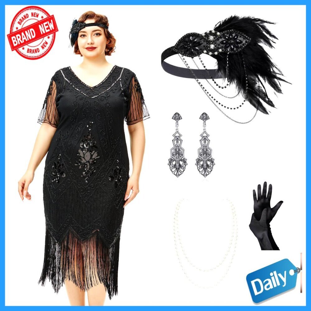 Plus Size 1920s Flapper Cocktail Dress with Sequins Beads Gatsby Costume